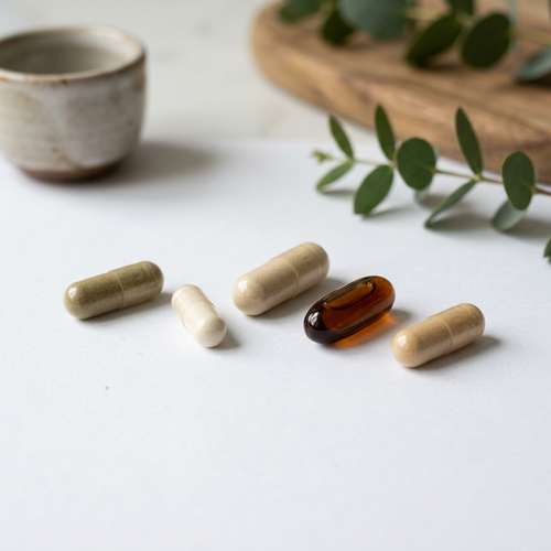 ok-capsule Cycle Balance Solution Pack with dietary supplements, featuring bottles and capsules arranged on a clean background