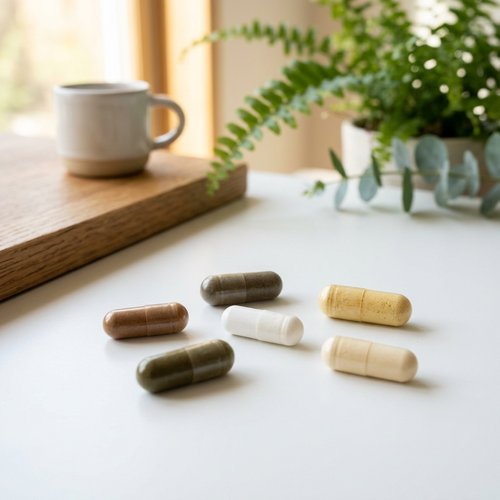 ok-capsule Energy Boost Solution Pack with supplement bottles and capsules for increased energy and vitality.