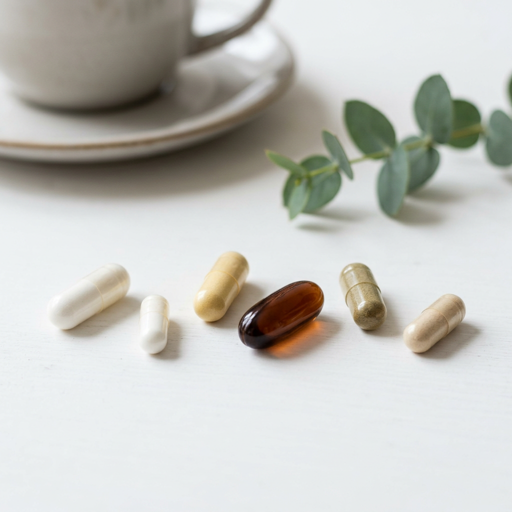 Ok-capsule Stress Solution Pack with herbal supplements, featuring bottles of stress relief capsules and calming ingredients.