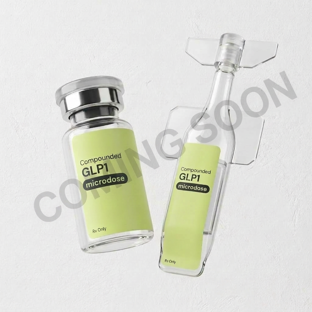 Eleven Microdose GLPs in clear containers with labeled caps, designed for precise microdosing and laboratory use.